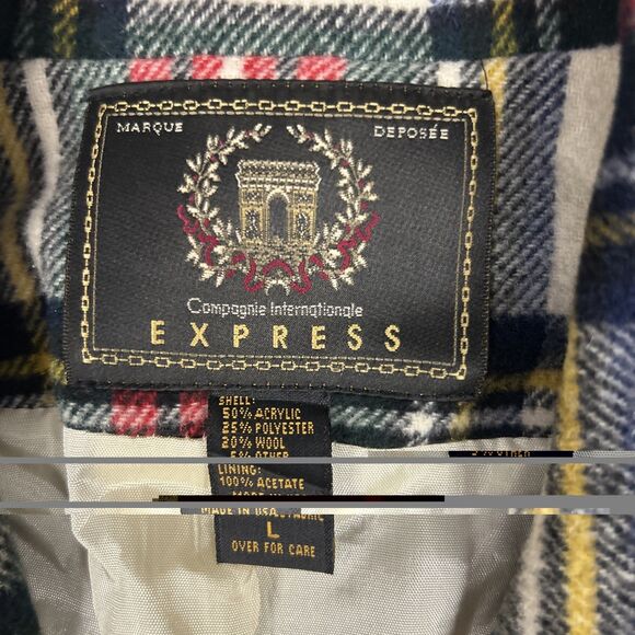 Express Blazer Jacket Womens Large Wool Blend Red Ivory Tartan Plaid Vintage 90s - Picture 2 of 6